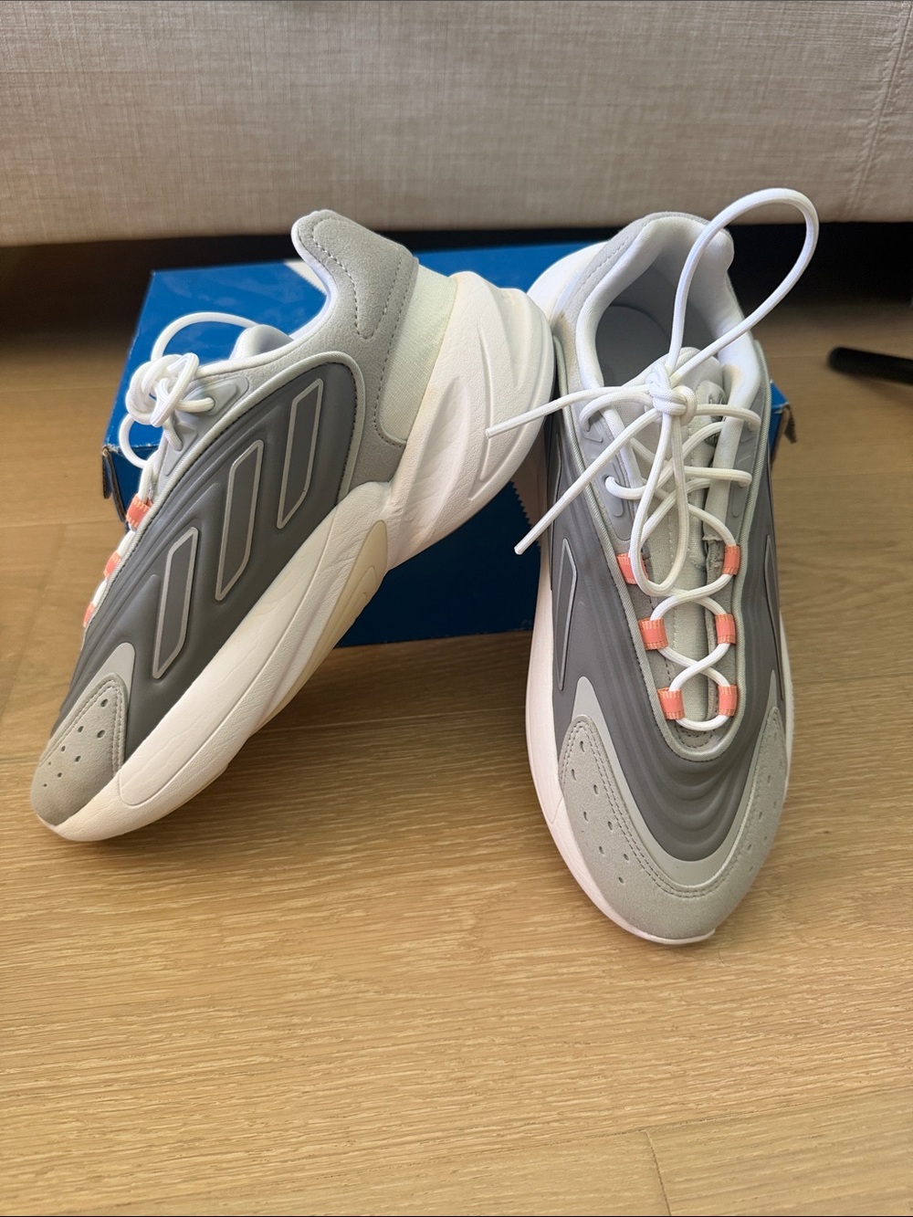 adidas Gray and White Sneakers with Coral Accent